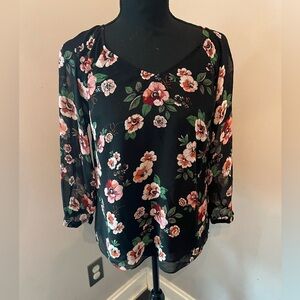 Cabi Garden Blouse Black Layered Sheer Floral Print Top Size XS #3595